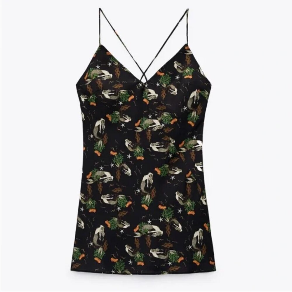 ZARA Mermaid Black Satin Tie Back Mini Slip Dress Size Medium - Picture 4 of 13